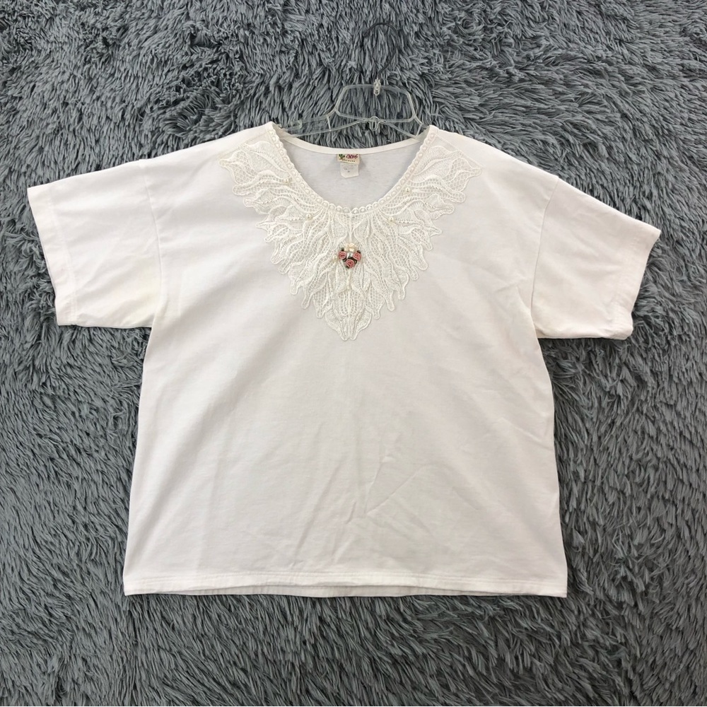 Cactus Tshirt Vintage XL Made in USA Lace Appliqué Beaded Neck Scallops 80s